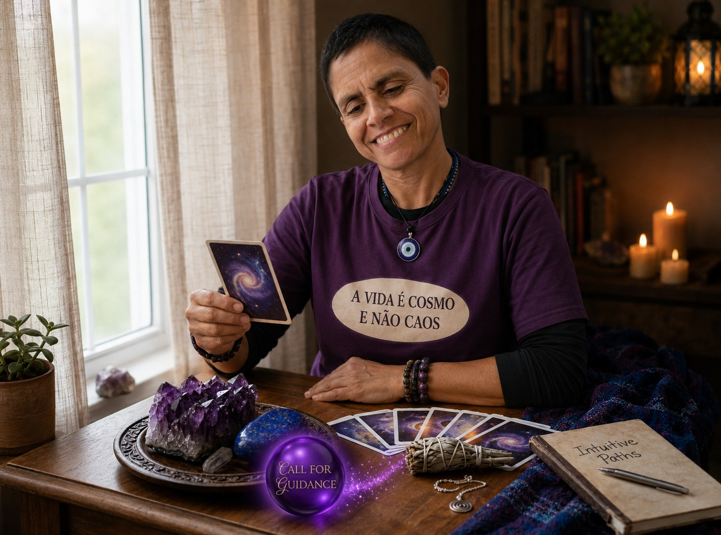 Cátia Sanches realizando uma leitura de cartas em seu espaço de atendimento