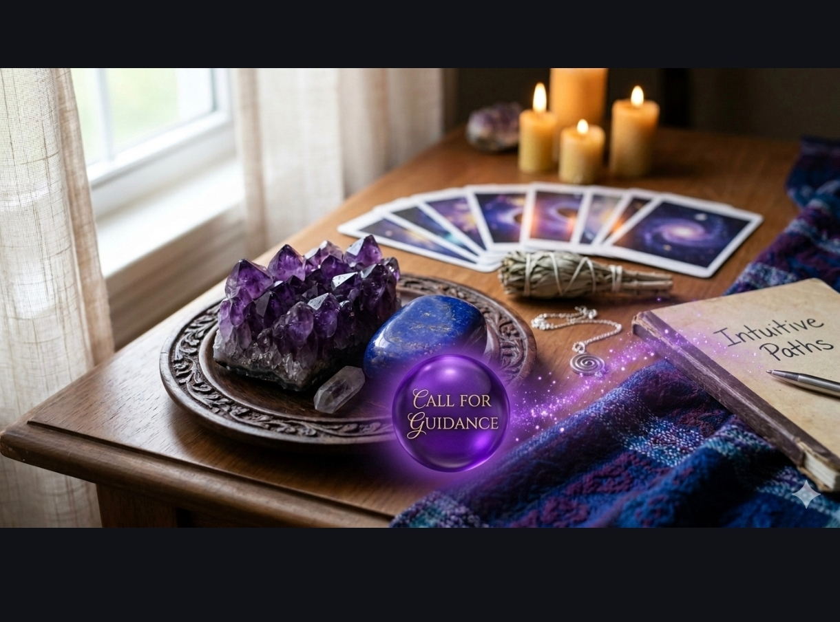 Cristais, cartas e velas em um ambiente de leitura