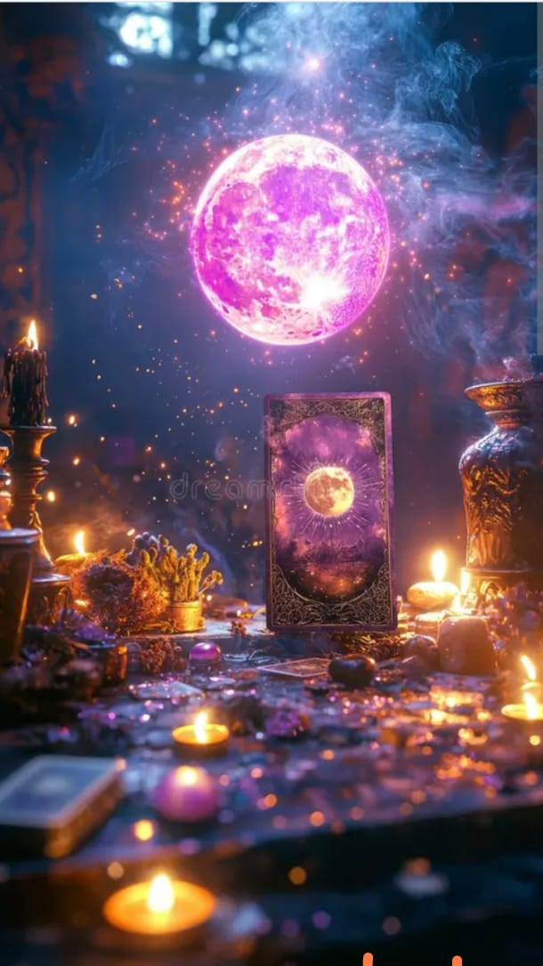 Lua violeta sobre uma mesa de Tarô iluminada por velas